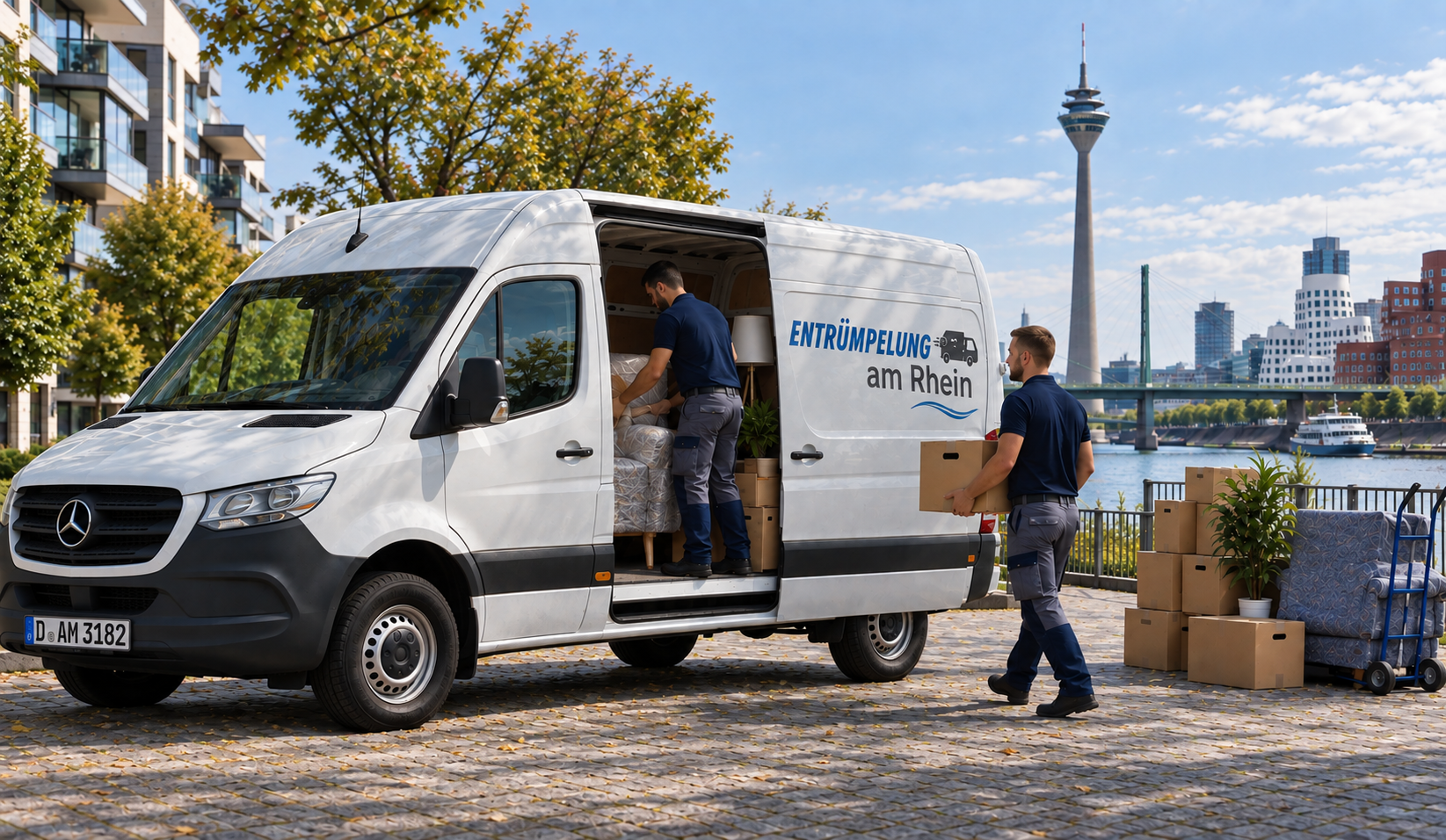 Mitarbeiter von Entrümpelung am Rhein beladen einen Sprinter in Düsseldorf