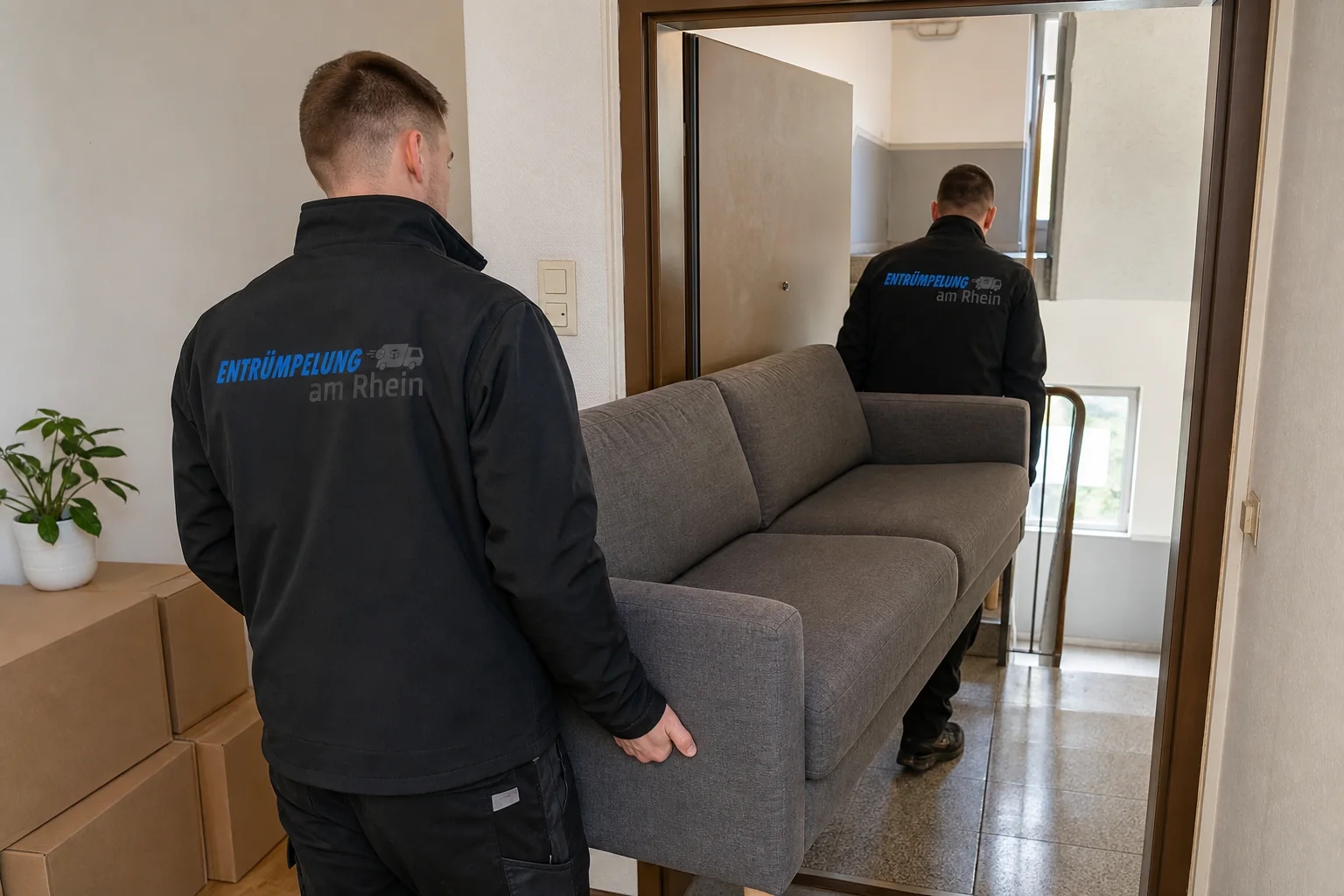 Mitarbeiter tragen ein Sofa aus einer Wohnung